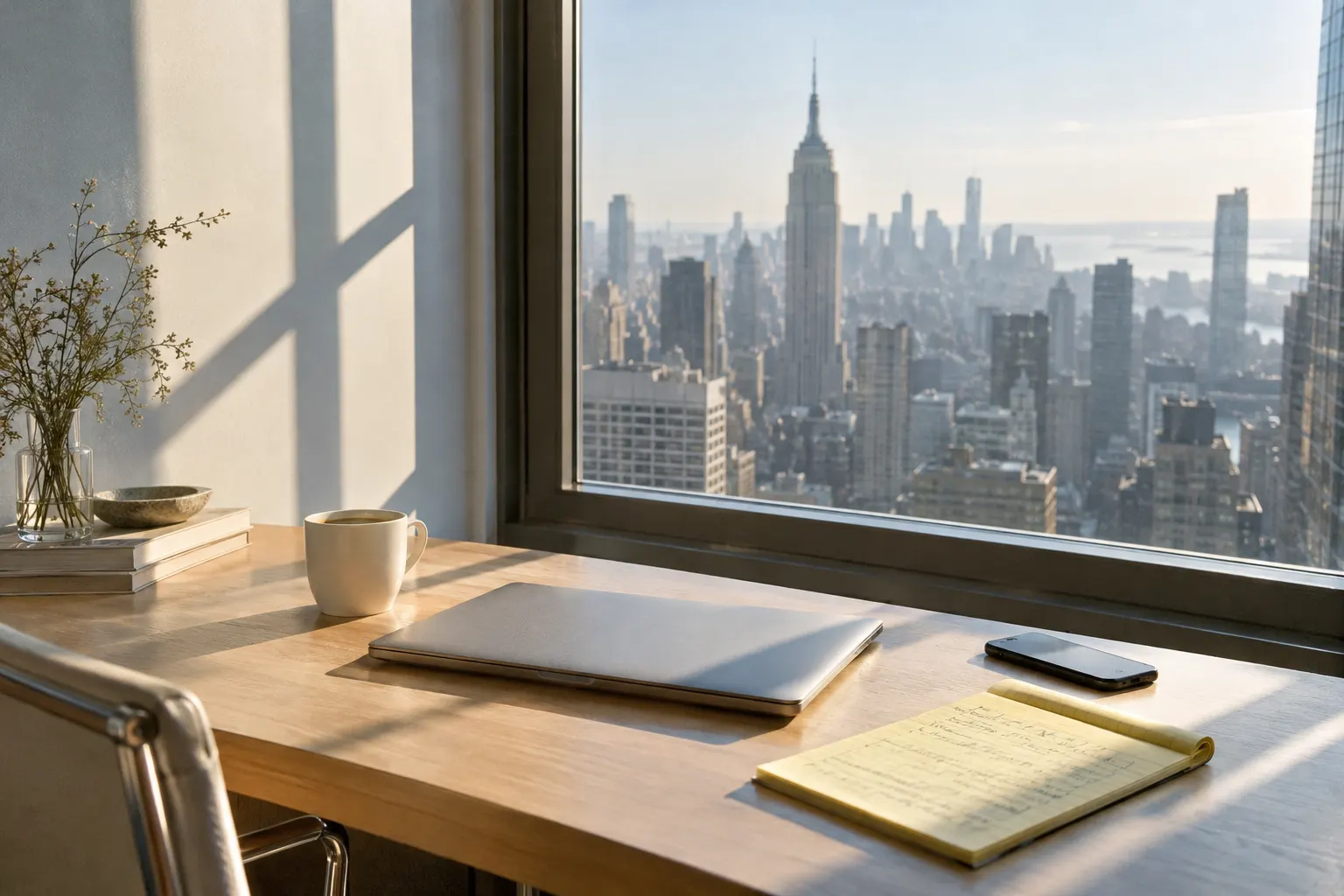 Morning sun across a desk by a tall window, Midtown Manhattan in the haze beyond.