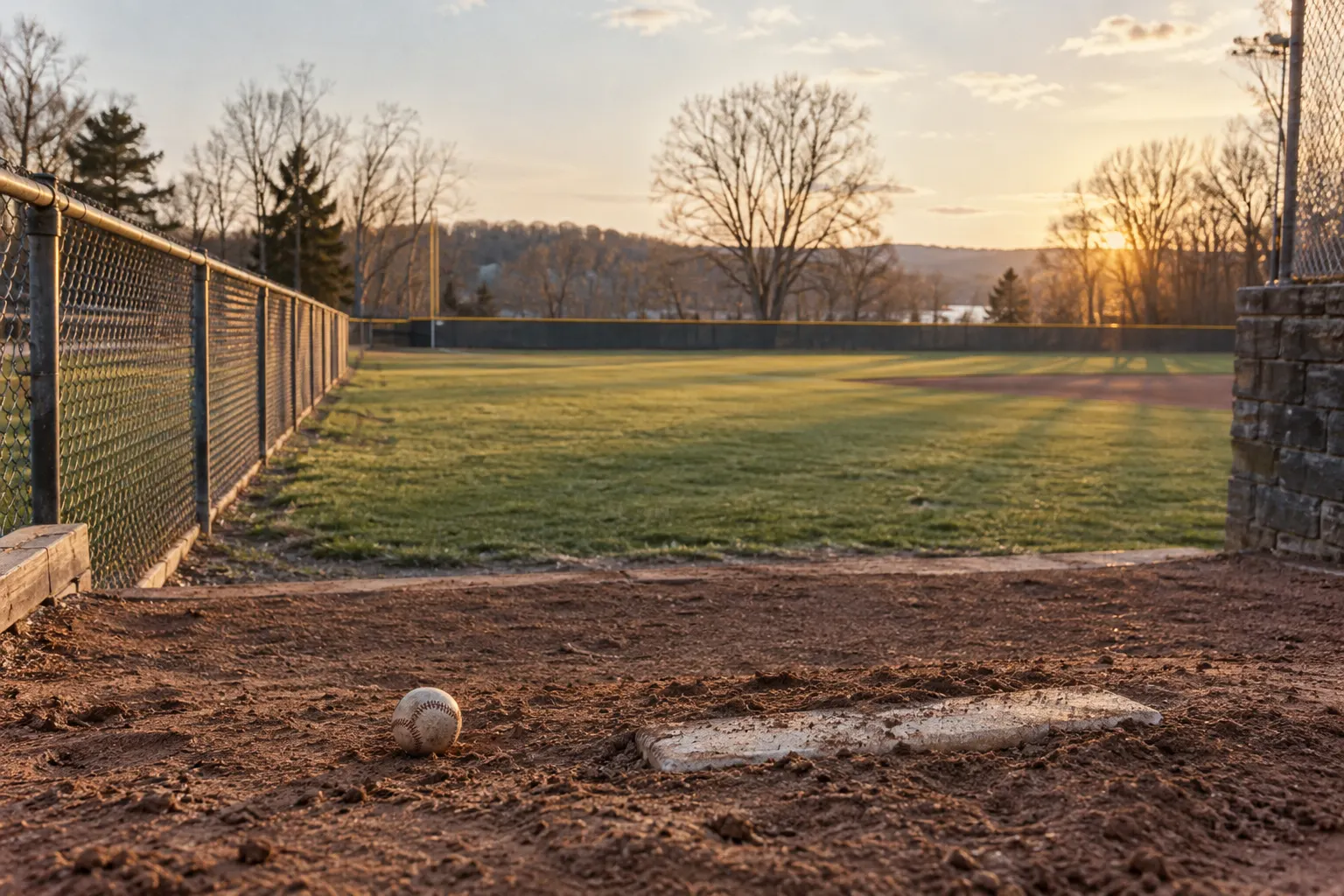 An empty college ballfield at golden hour, seen from the bullpen mound, a scuffed baseball in the dirt.