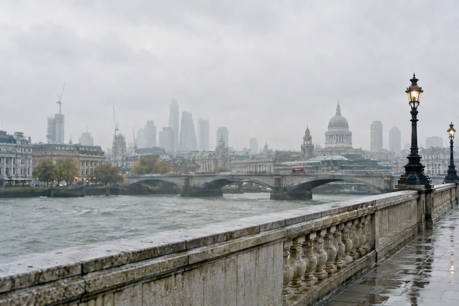 The Thames on a rainy morning, St Paul’s dome and the City in mist beyond a wet stone balustrade.