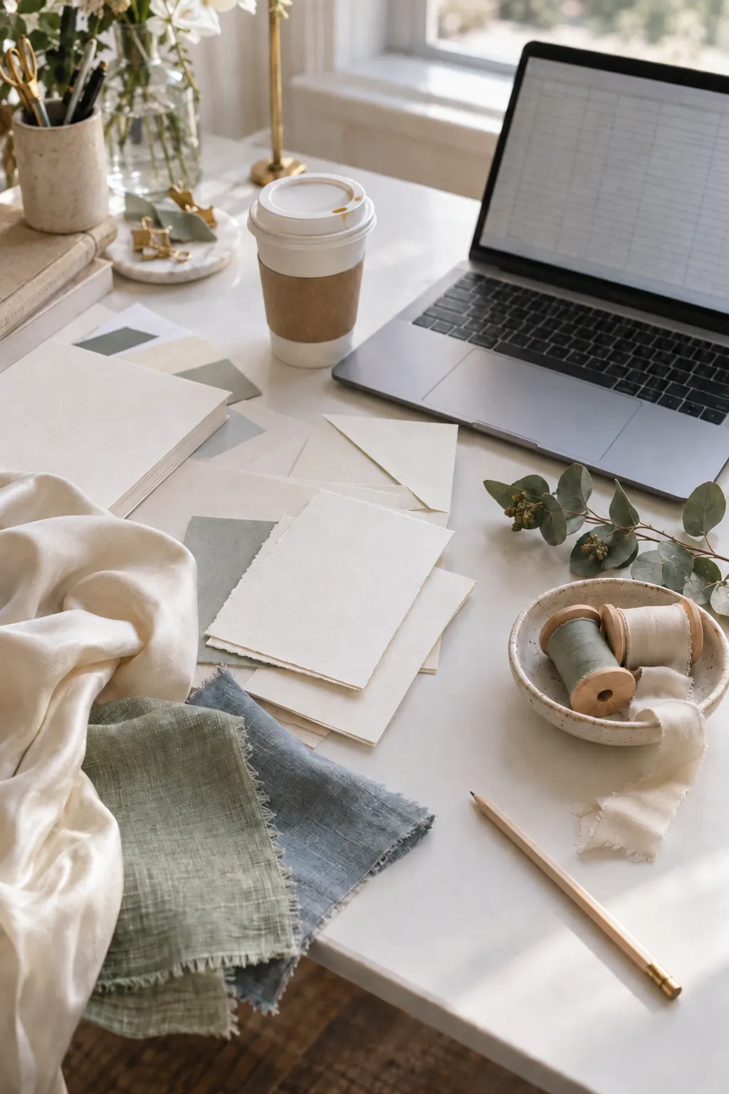 A white worktable mid wedding planning: fabric swatches, blank invitation samples, ribbon spools and a laptop open to a spreadsheet.